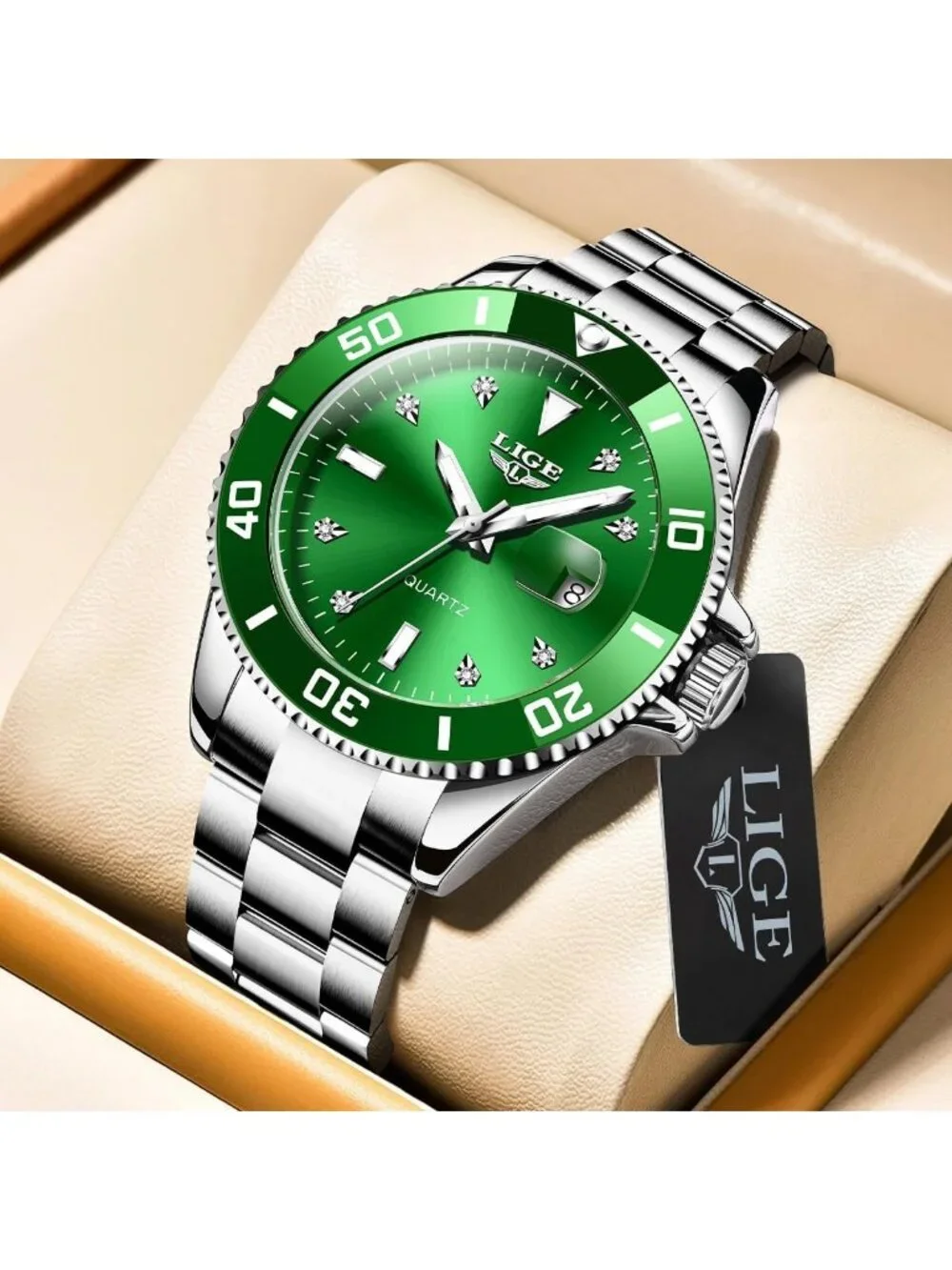 Men's Silver Green Quartz Analog Stainless Steel Waterproof Date Wrist Watch